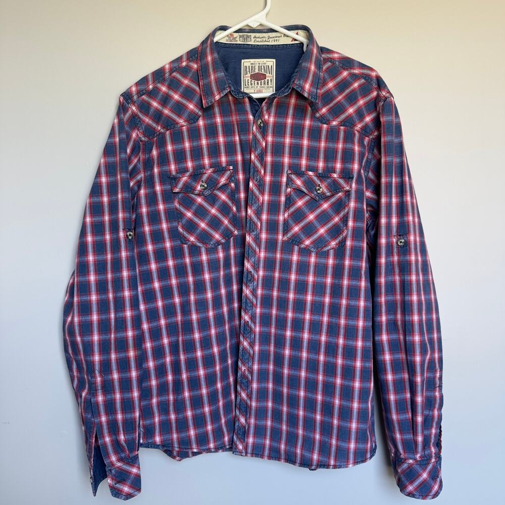 Bare Denim Mens XL Western Plaid Shirt Red Blue 100% Cotton Roll Tab Biker